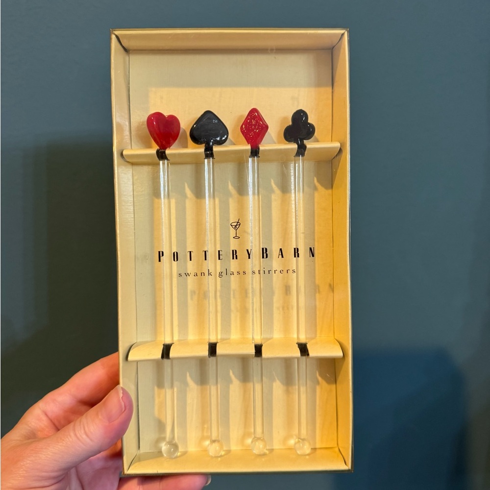 Set of 4 Pottery Barn Swank Glass Stirrers Poker Heart Spade Diamond Club. 7”